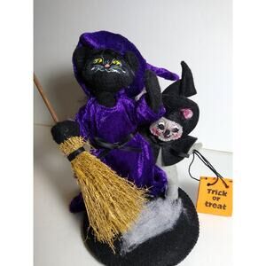 Annalee Black Cat Witch Halloween Artist Doll 6in Purple Hat Broomstick 2018